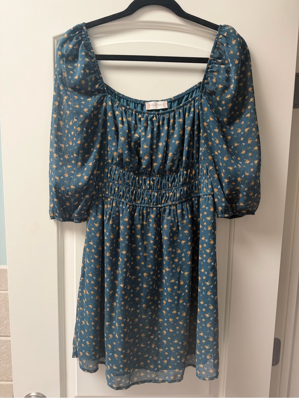 Altar’d State Teal Yellow Floral Puff-Sleeve Dress